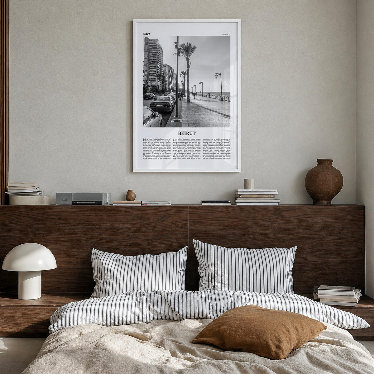 Beirut no. 2 black & white newspaper poster of Lebanon – vertical wall art in white wood frame, hanging on wall