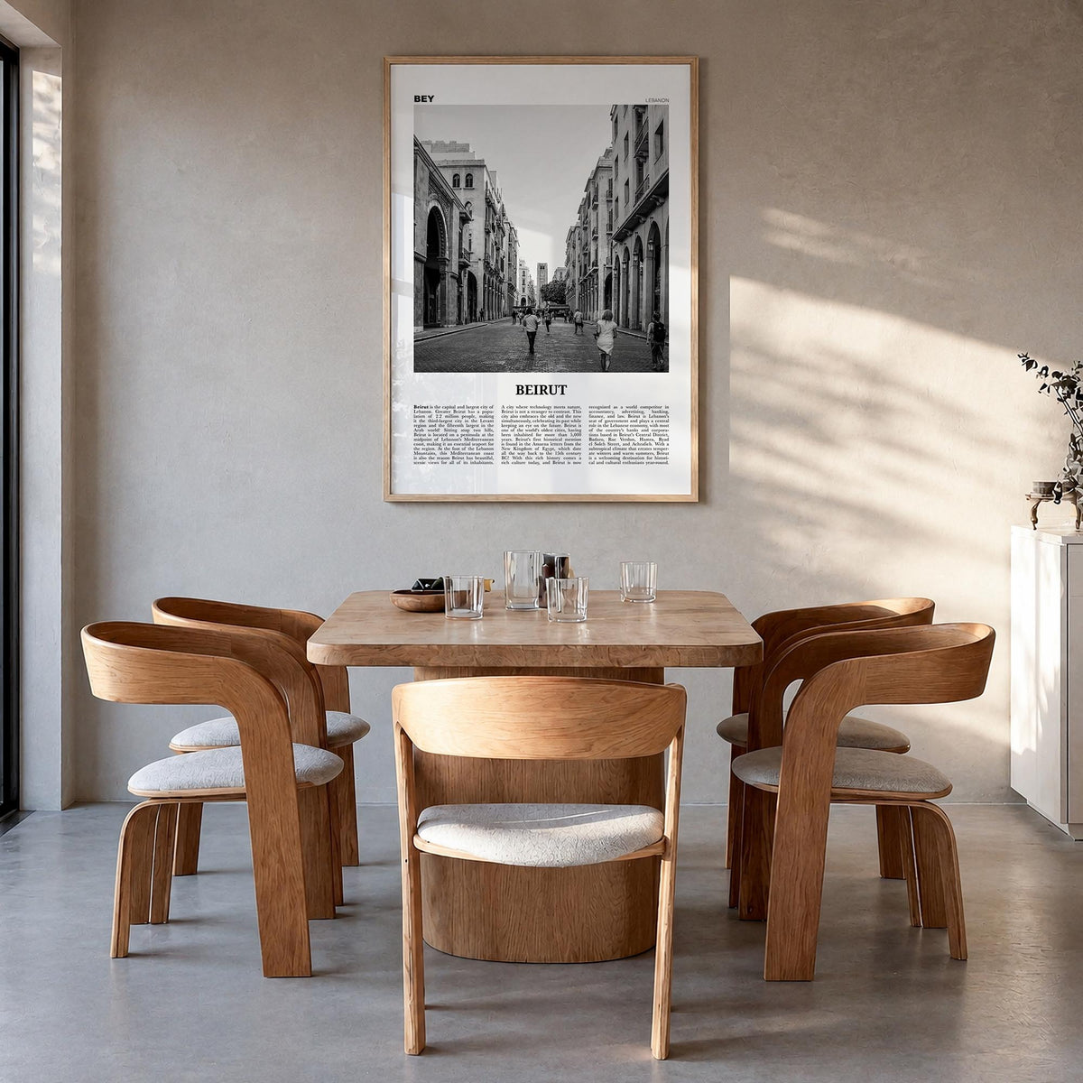 Beirut no. 3 black & white newspaper poster of Lebanon – vertical wall art in natural wood frame, hanging on wall