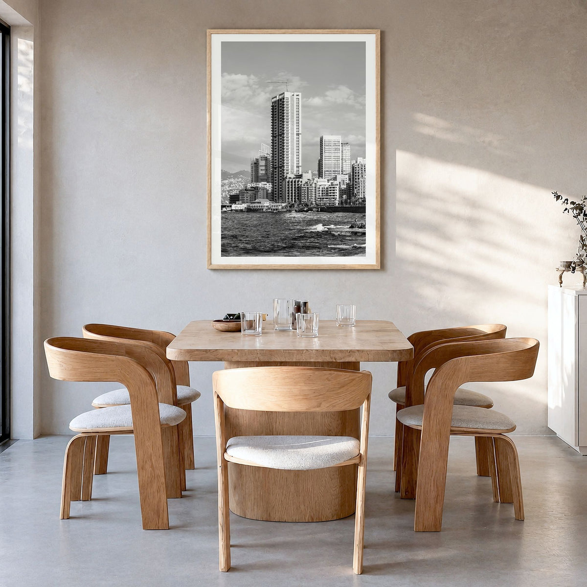 Beirut Photo Poster in a natural wood frame, hanging in a dining room, white border