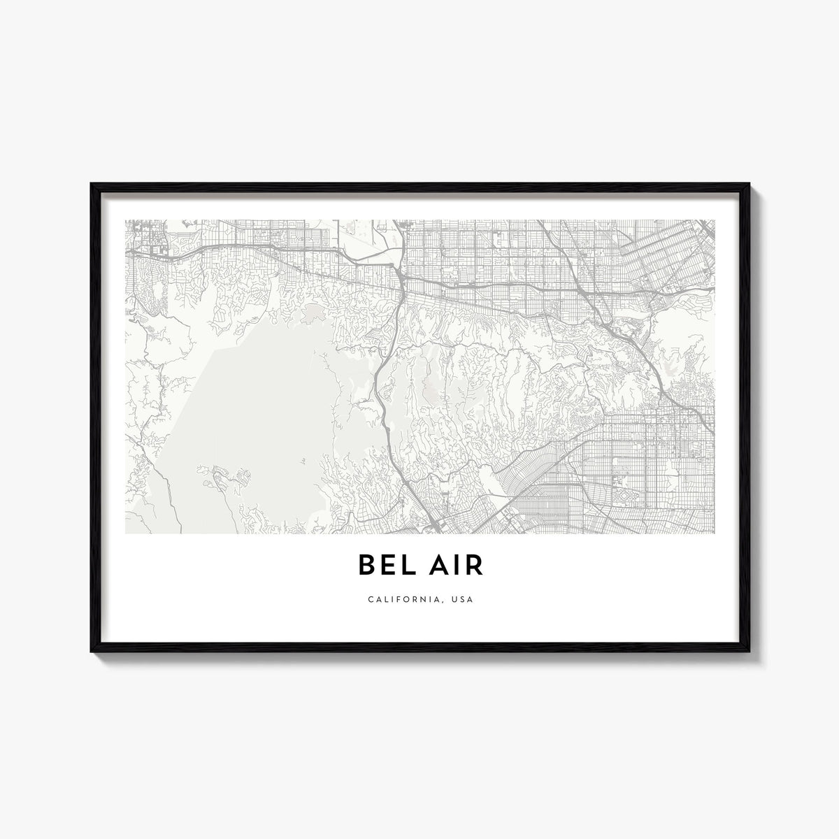 Bel Air black & white map poster of California, USA – horizontal wall art, unframed print shown in interior mockup