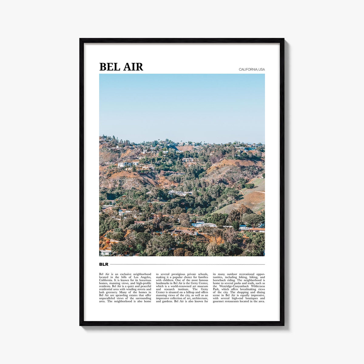 Bel Air colorful travel poster of California, USA – vertical wall art, unframed print shown in interior mockup