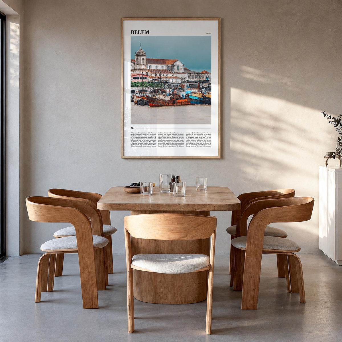 Belém colorful travel poster of Brazil – vertical wall art in natural wood frame, hanging on wall