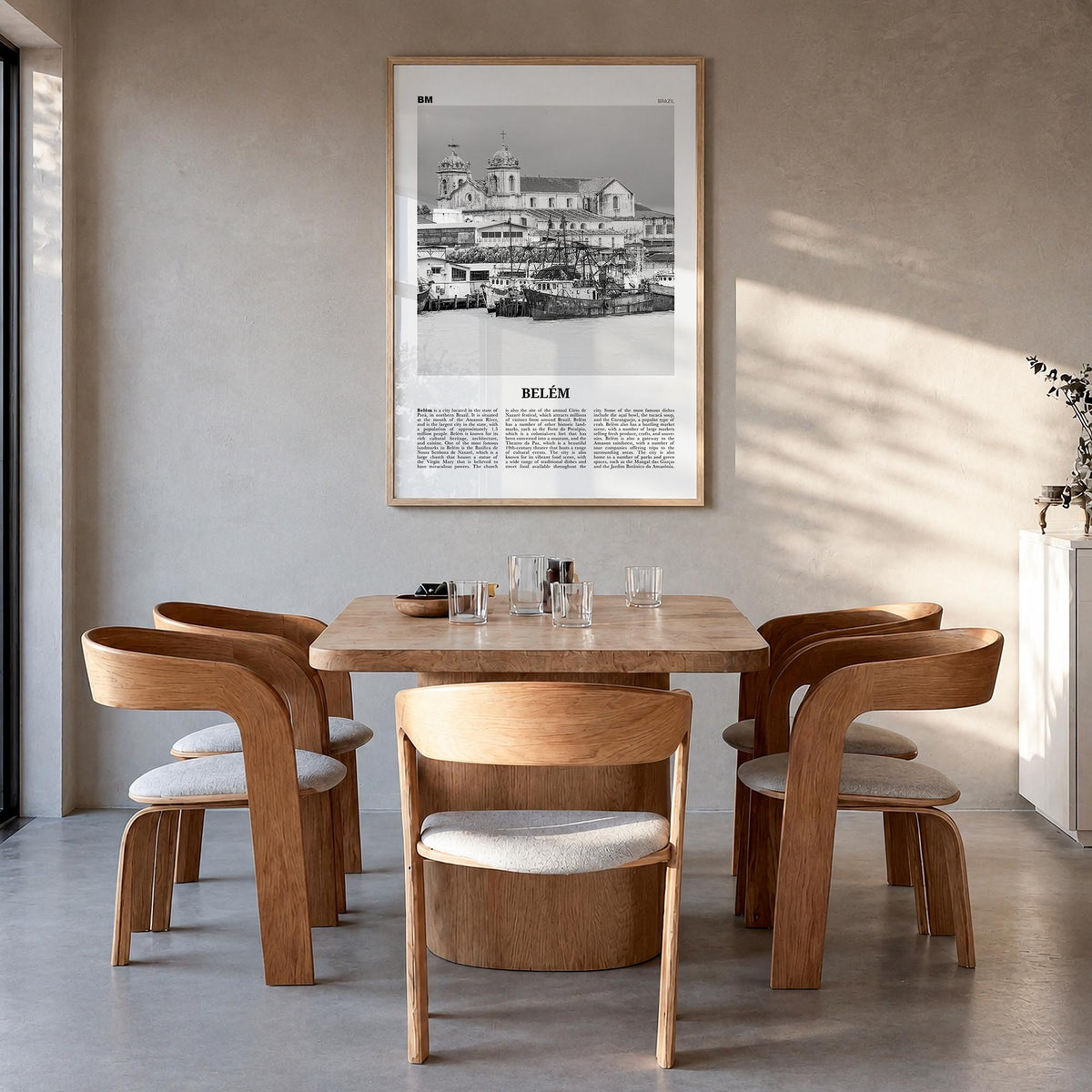 Belém no. 2 black & white newspaper poster of Brazil – vertical wall art in natural wood frame, hanging on wall