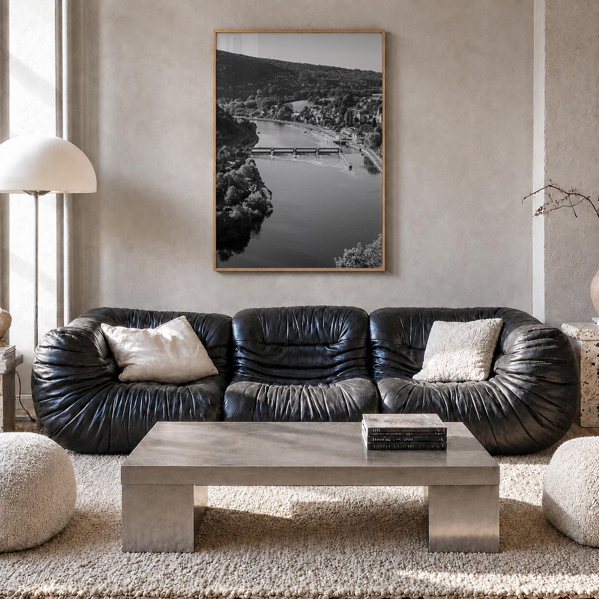 Belgium black & white photo poster of Europe – vertical wall art in natural wood frame, hanging on wall