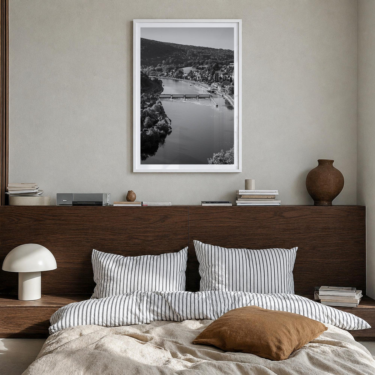 Belgium black & white photo poster of Europe – vertical wall art in white wood frame with white border, hanging on wall