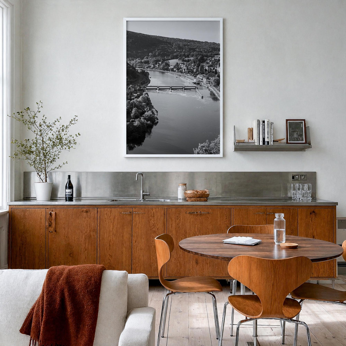 Belgium black & white photo poster of Europe – vertical wall art in white wood frame, hanging on wall