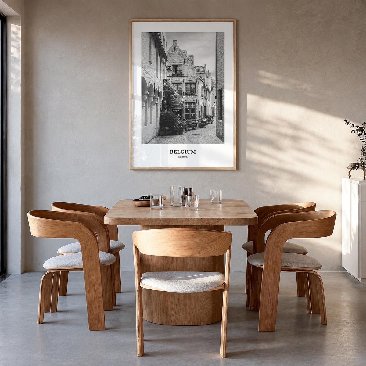 Belgium no. 4 black & white classic poster of Europe – vertical wall art in natural wood frame, hanging on wall