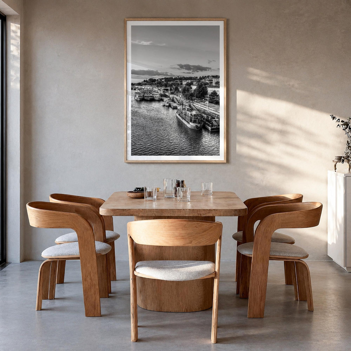 Belgrade black & white photo poster of Serbia – vertical wall art in natural wood frame with white border, hanging on wall