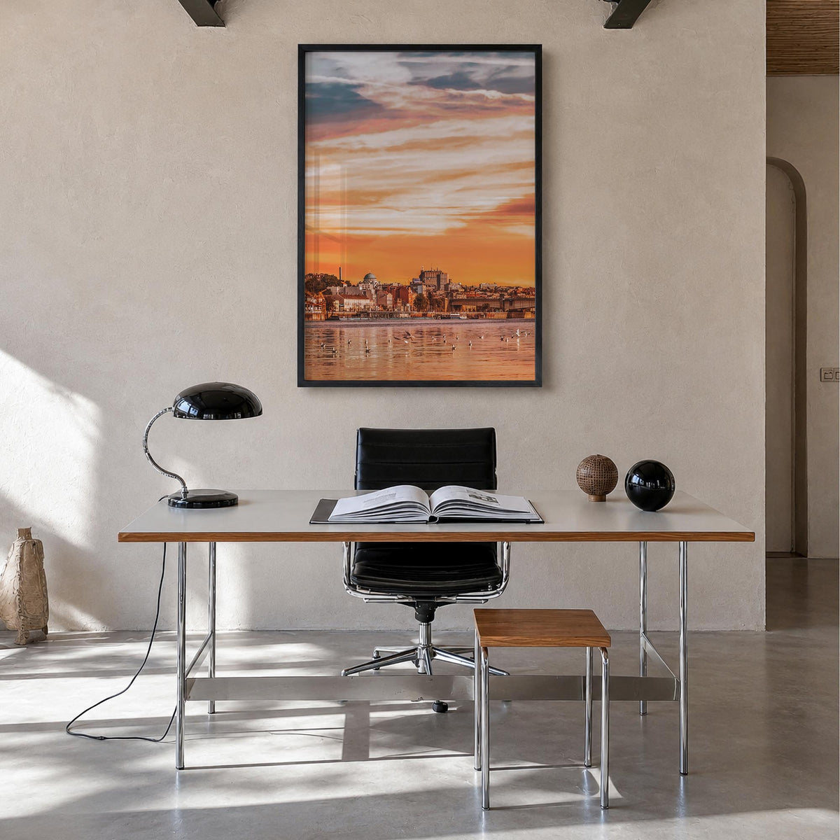 Belgrade colorful photo poster of Serbia – vertical wall art in black wood frame, hanging on wall