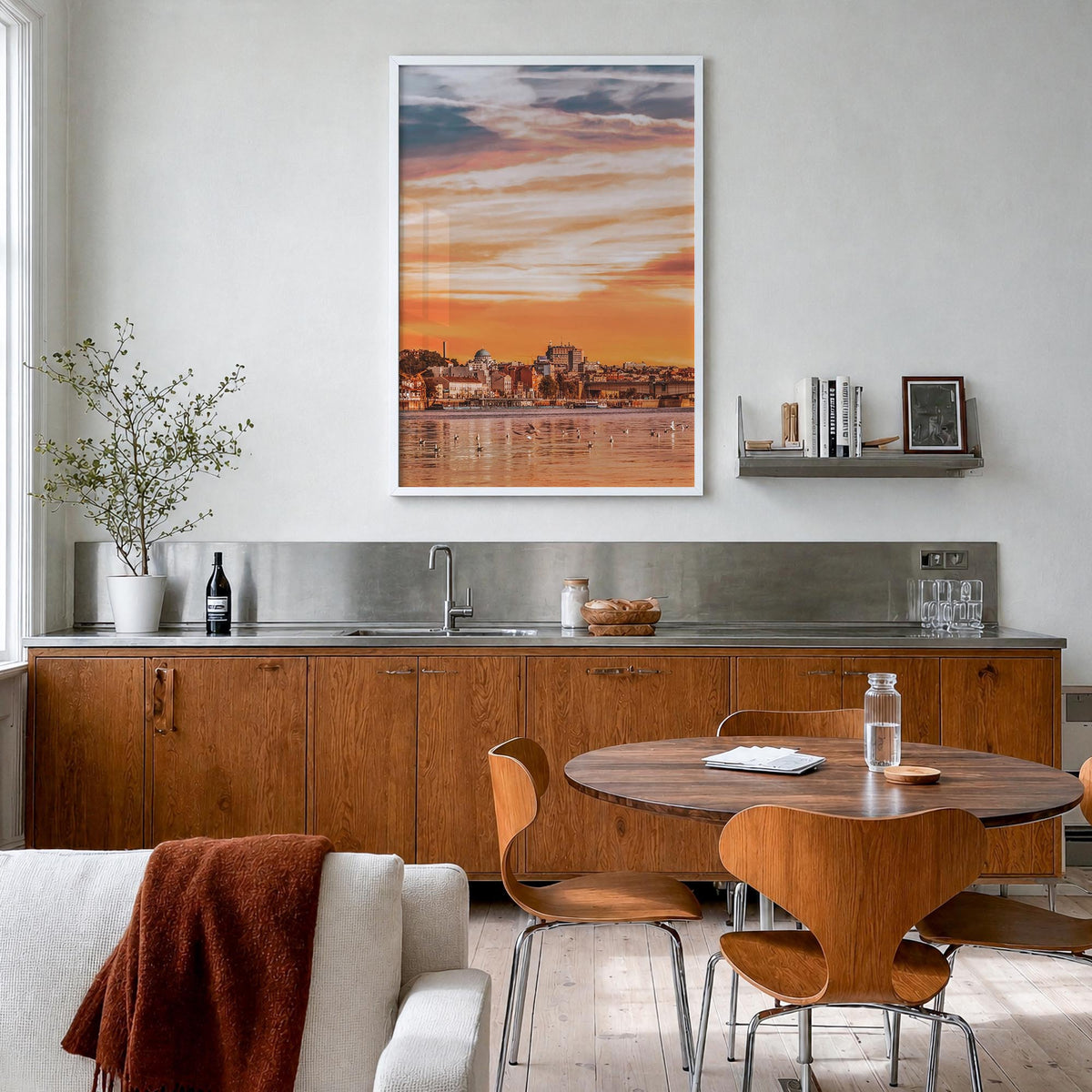 Belgrade colorful photo poster of Serbia – vertical wall art in white wood frame, hanging on wall