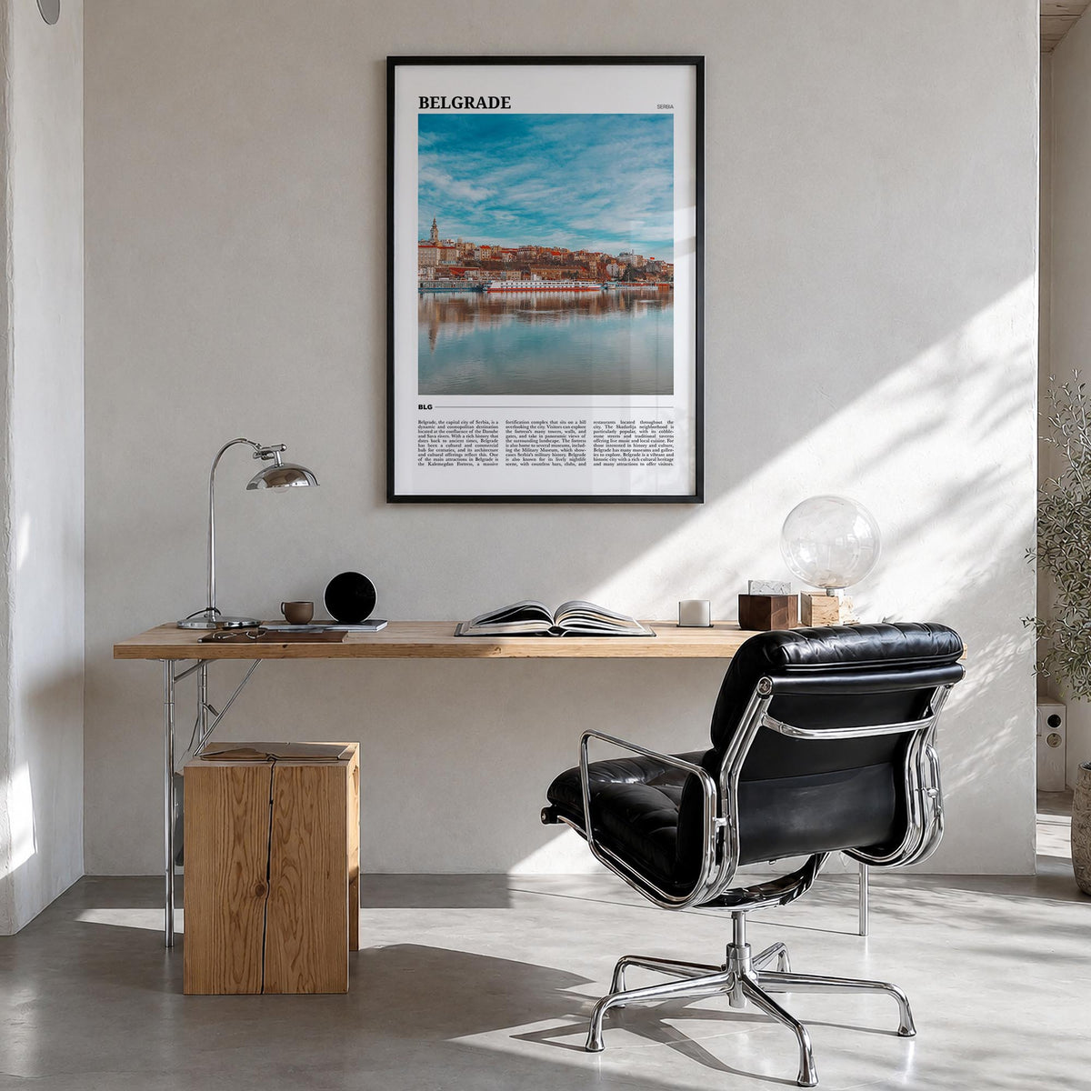 Belgrade colorful travel poster of Serbia – vertical wall art in black wood frame, hanging on wall