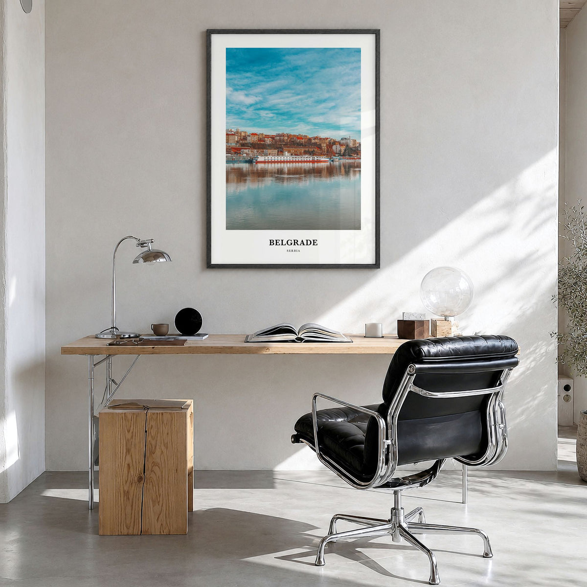 Belgrade Classic Poster in a black wood frame, hanging in a bright home office