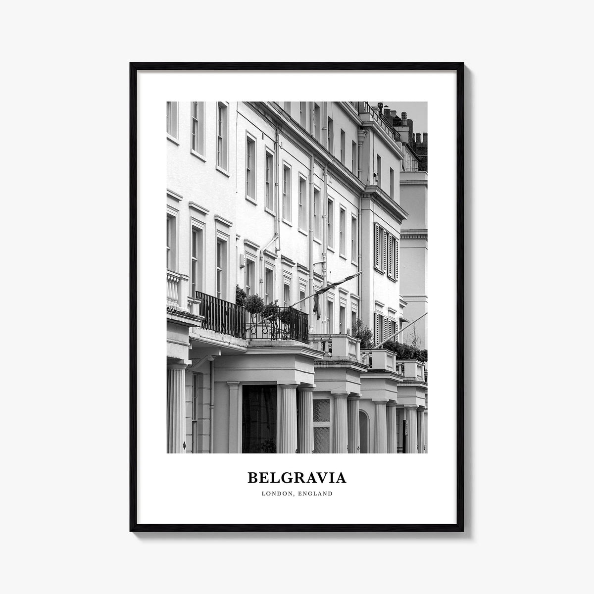 Belgravia black & white classic poster of United Kingdom – vertical wall art, unframed print shown in interior mockup