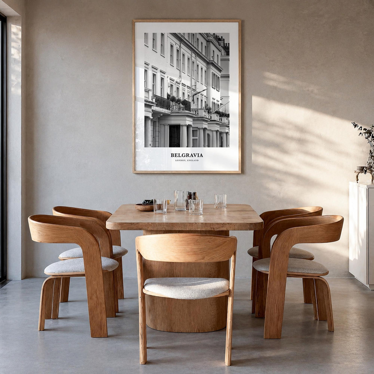 Belgravia black & white classic poster of United Kingdom – vertical wall art in natural wood frame, hanging on wall