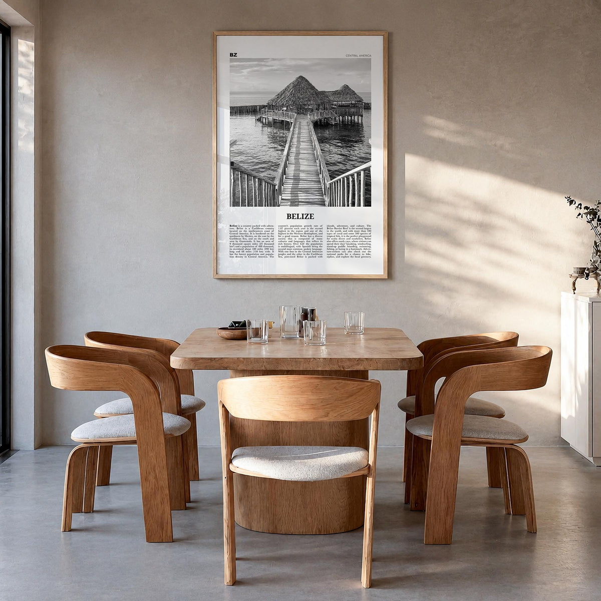 Belize black & white newspaper poster of Central America – vertical wall art in natural wood frame, hanging on wall