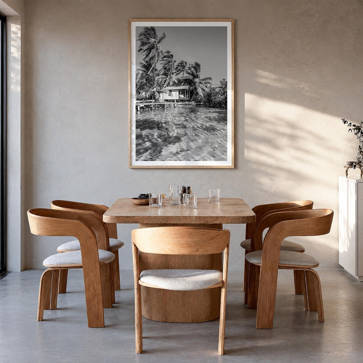 Belize black & white photo poster of Central America – vertical wall art in natural wood frame with white border, hanging on