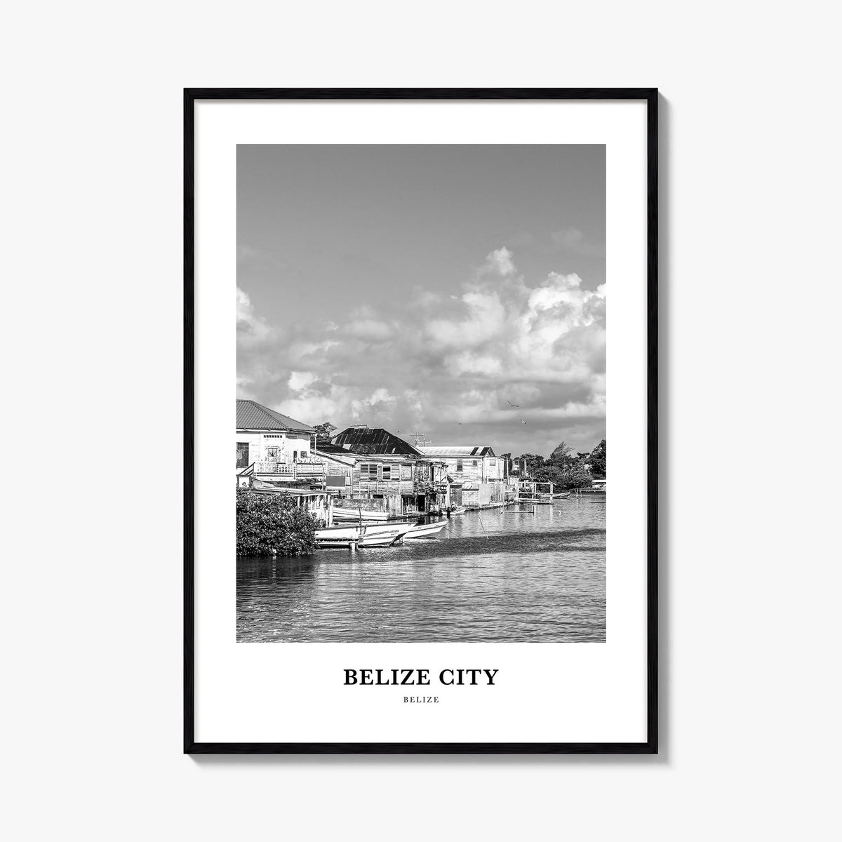 Belize City black & white classic poster of Belize – vertical wall art, unframed print shown in interior mockup