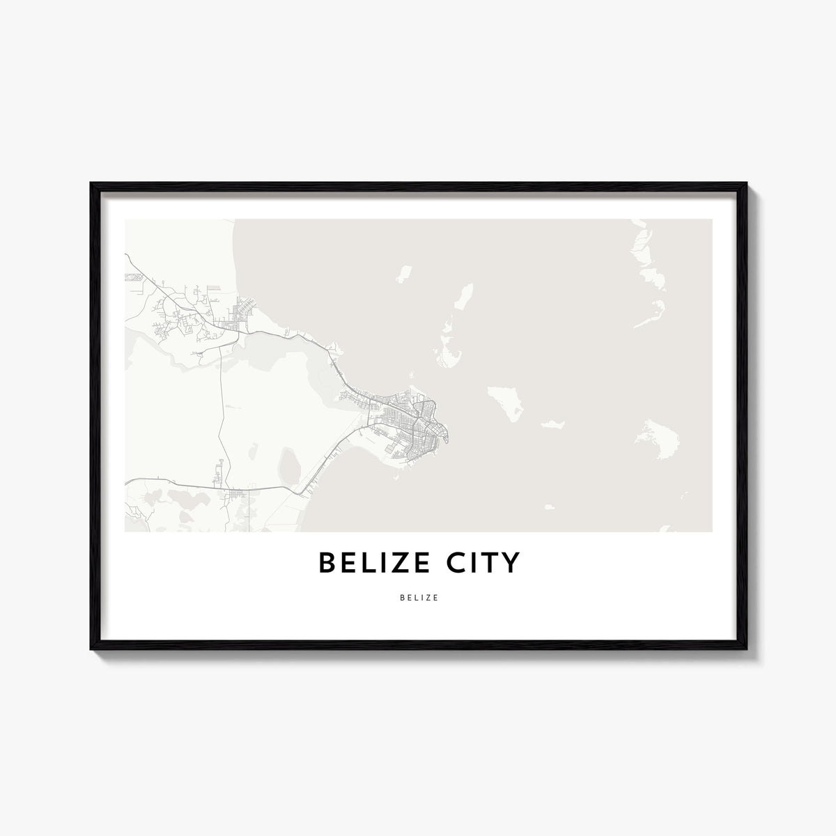 Belize City black & white map poster of Belize – horizontal wall art, unframed print shown in interior mockup
