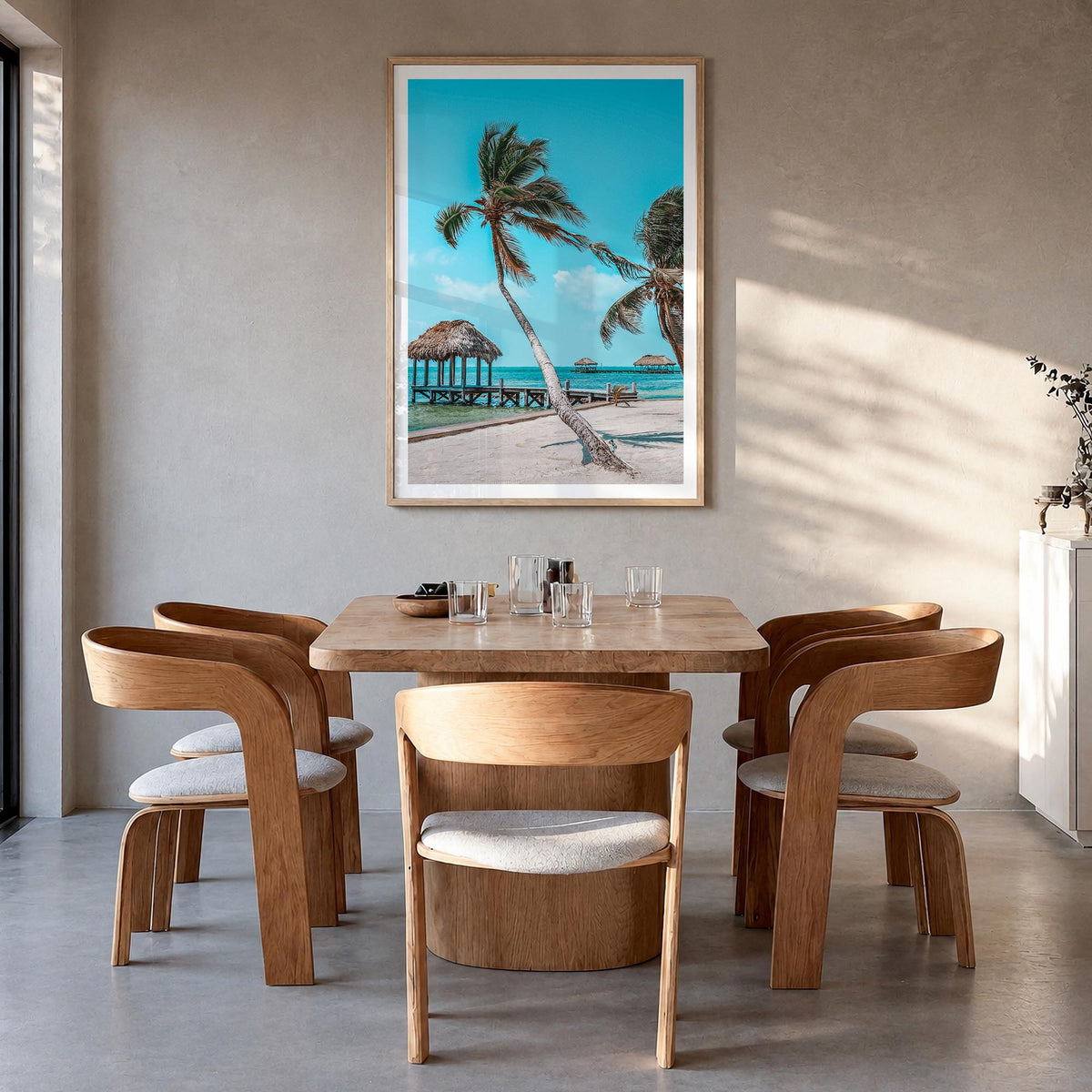 Belize colorful photo poster of Central America – vertical wall art in natural wood frame with white border, hanging on wall