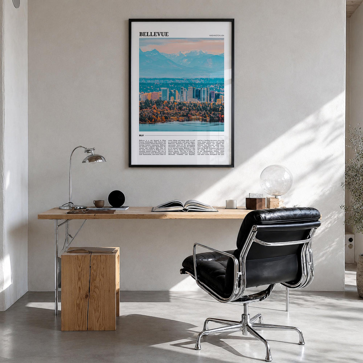 Bellevue colorful travel poster of Washington, USA – vertical wall art in black wood frame, hanging on wall
