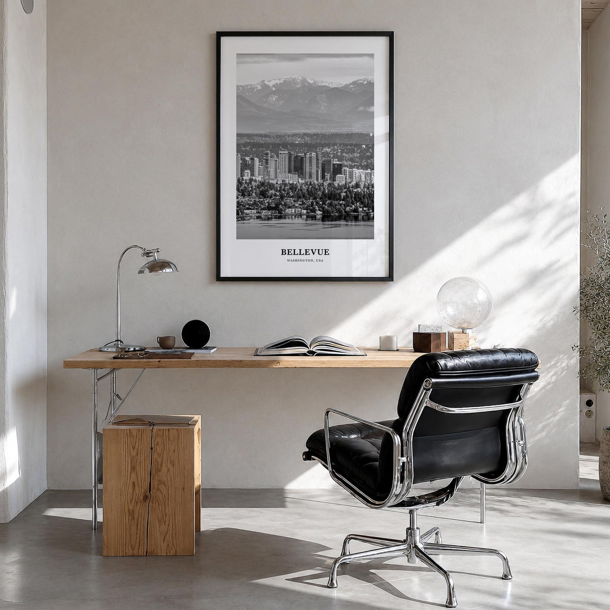 Bellevue no. 1 black & white classic poster of Washington, USA – vertical wall art in black wood frame, hanging on wall