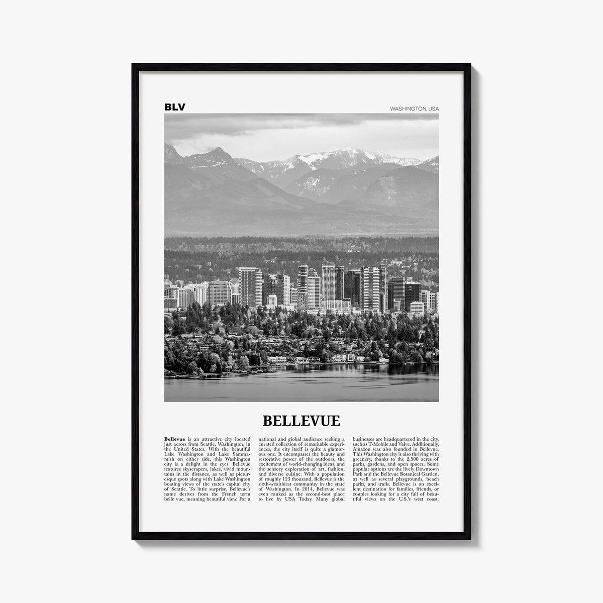Bellevue no. 1 black & white newspaper poster of Washington, USA – vertical wall art, unframed print shown in interior mockup