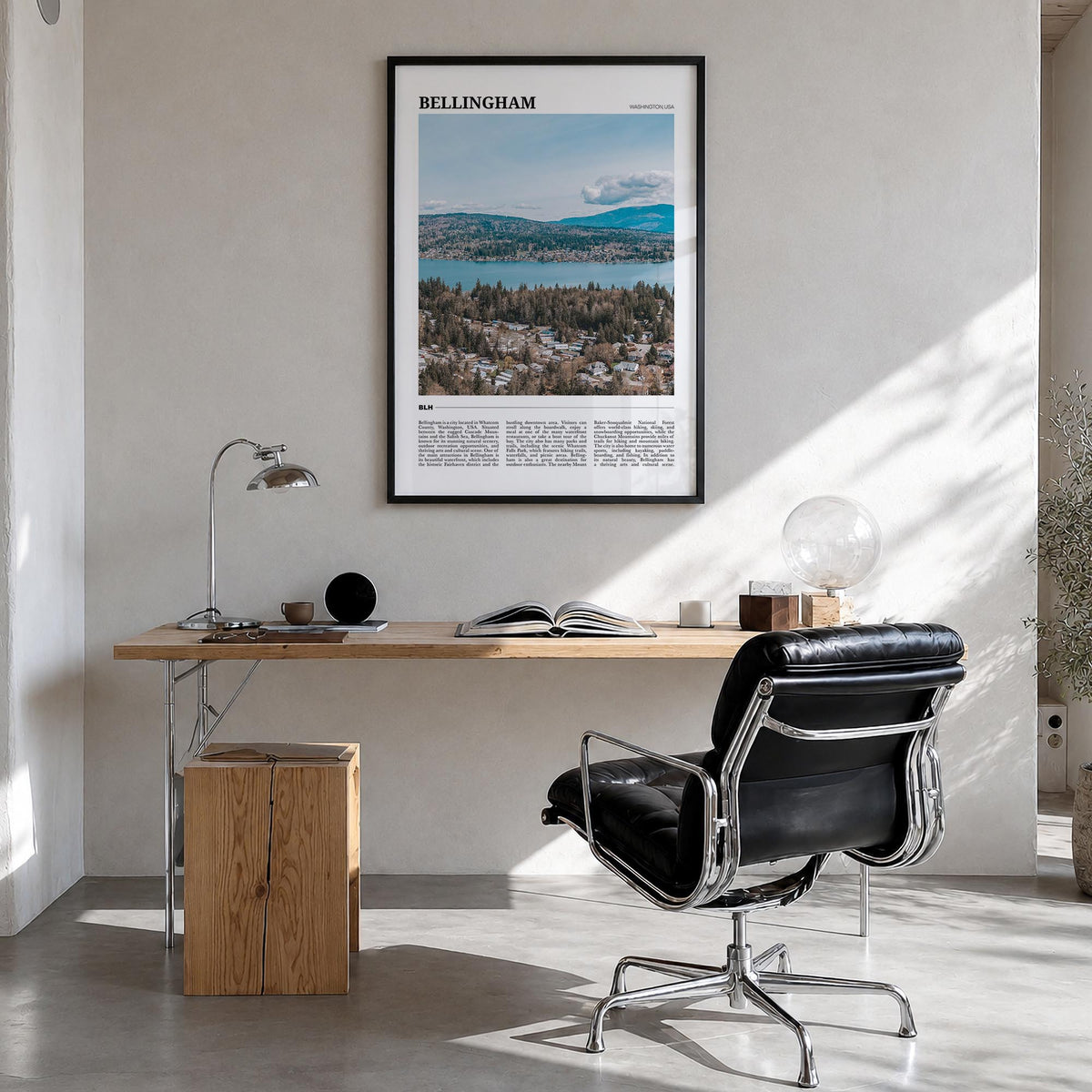 Bellingham colorful travel poster of Washington, USA – vertical wall art in black wood frame, hanging on wall