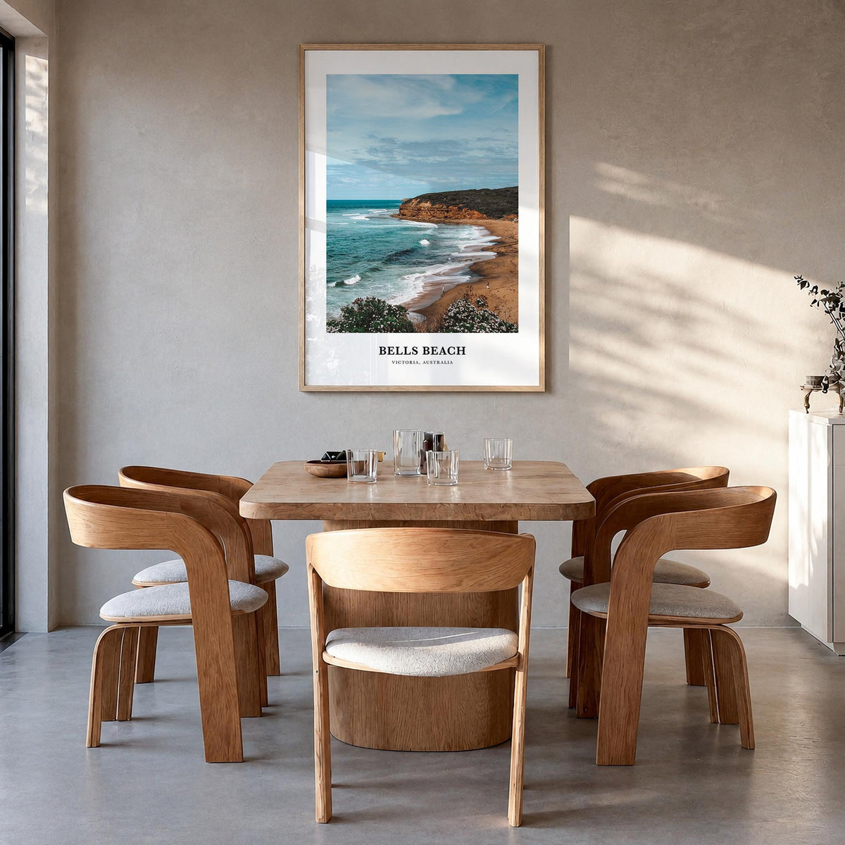 Bells Beach colorful classic poster of Australia – vertical wall art in natural wood frame, hanging on wall