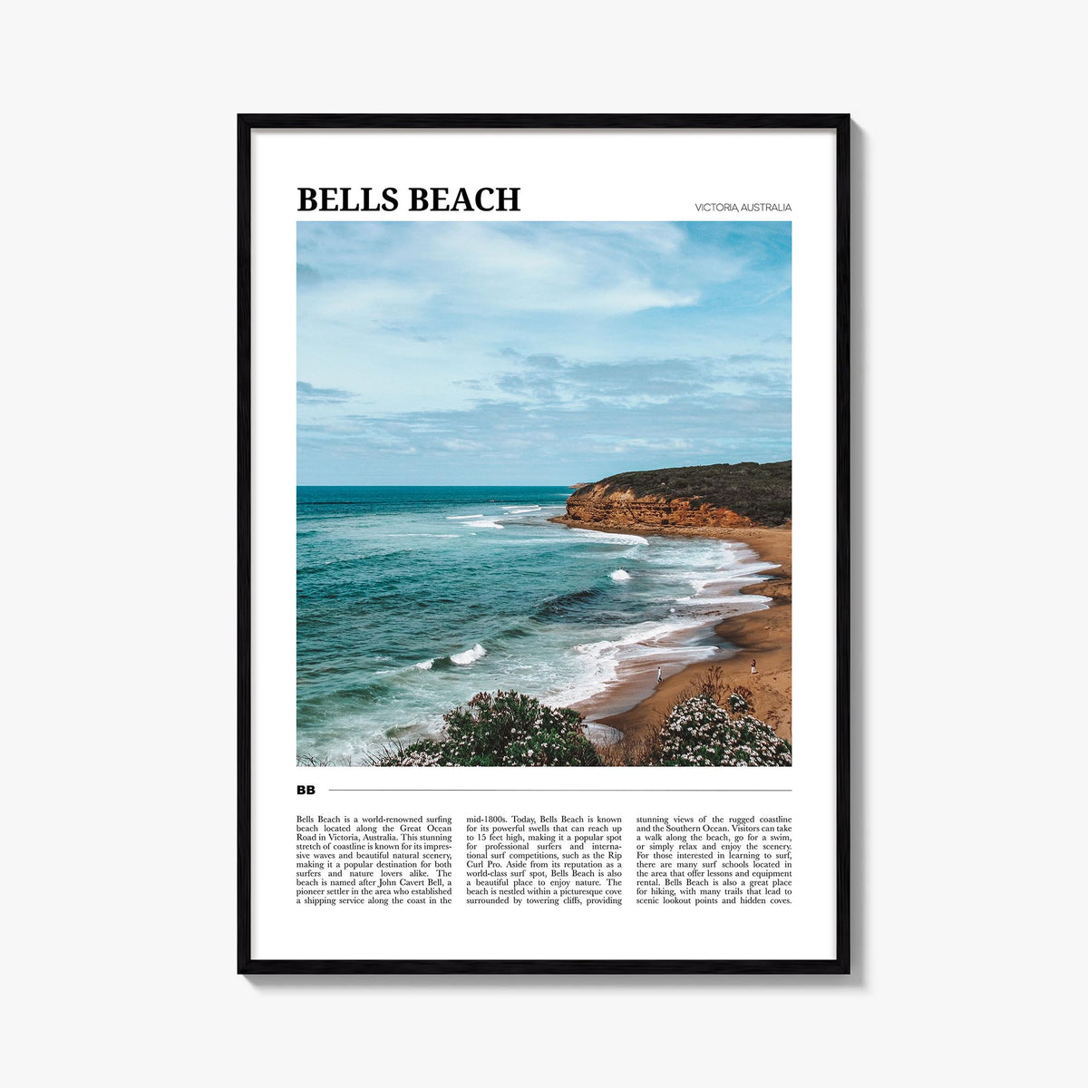 Bells Beach colorful travel poster of Australia – vertical wall art, unframed print shown in interior mockup