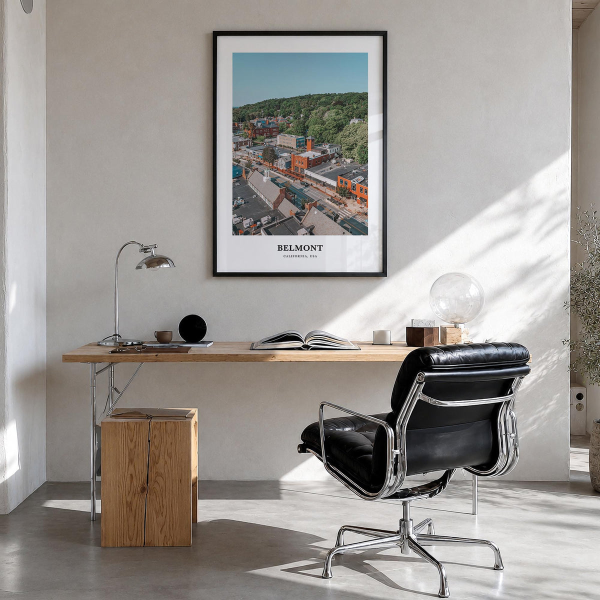 Belmont colorful classic poster of California, USA – vertical wall art in black wood frame, hanging on wall