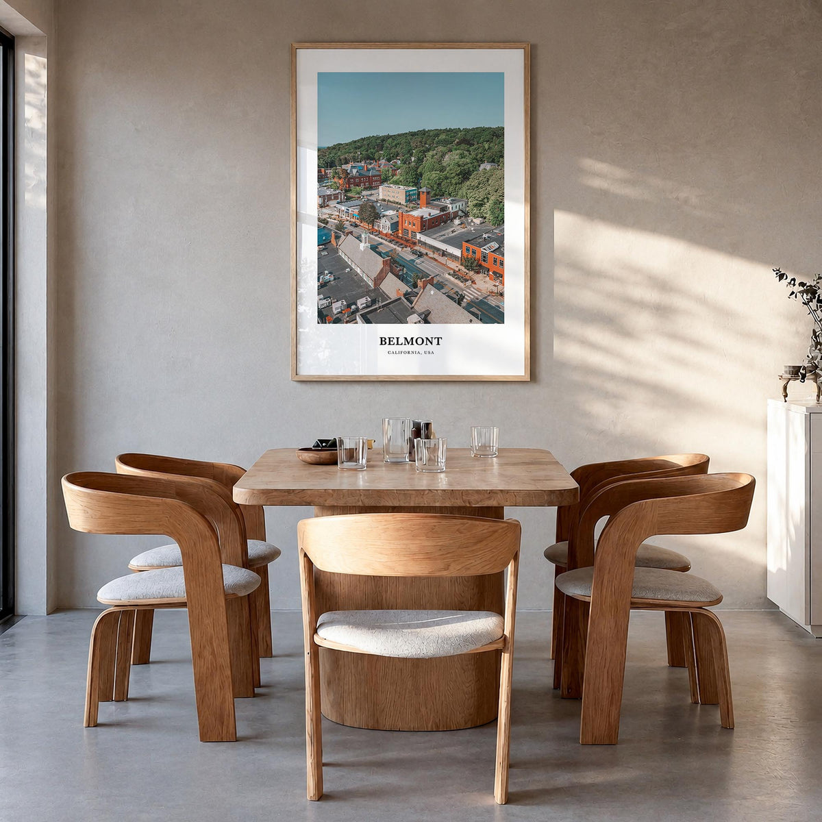 Belmont colorful classic poster of California, USA – vertical wall art in natural wood frame, hanging on wall