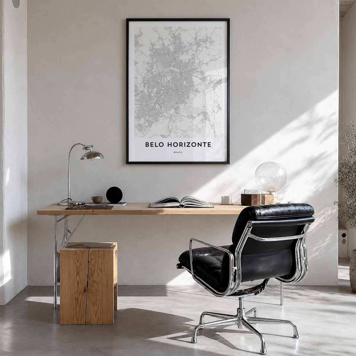 Belo Horizonte black & white map poster of Brazil – vertical wall art in black wood frame, hanging on wall
