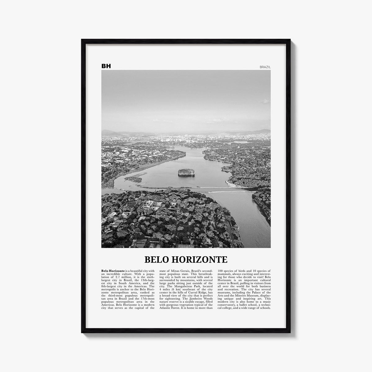 Belo Horizonte black & white newspaper poster of Brazil – vertical wall art, unframed print shown in interior mockup