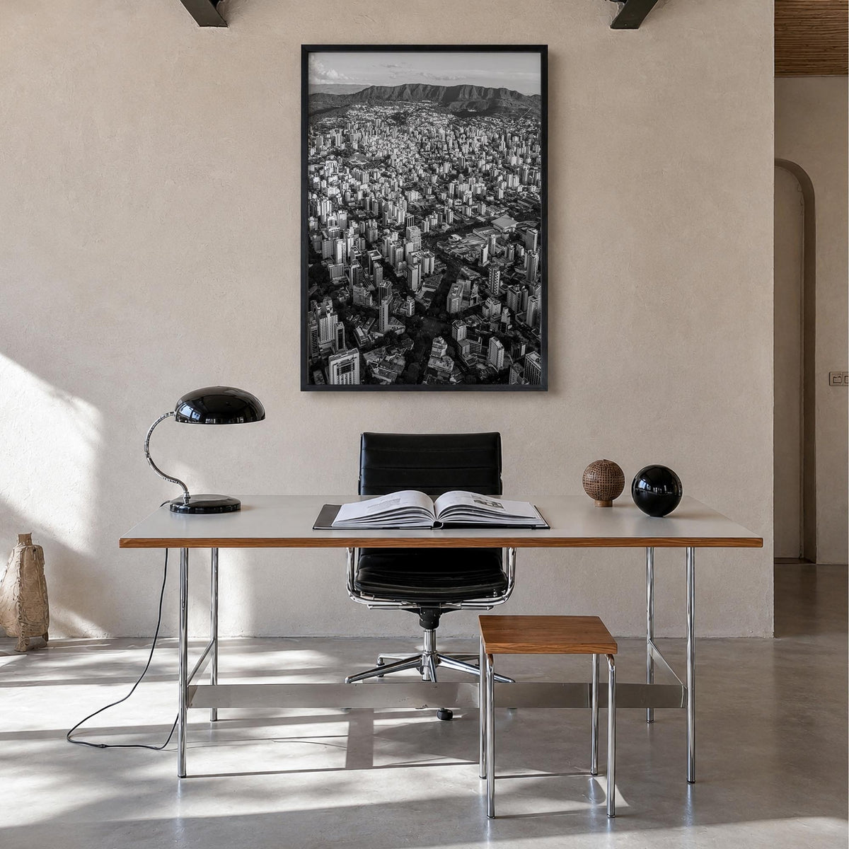 Belo Horizonte black & white photo poster of Brazil – vertical wall art in black wood frame, hanging on wall