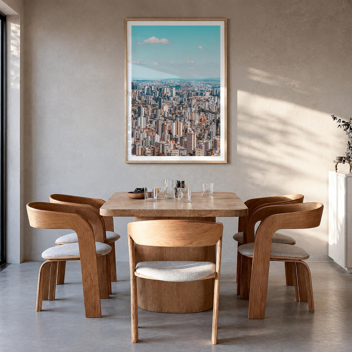 Belo Horizonte colorful photo poster of Brazil – vertical wall art in natural wood frame with white border, hanging on wall