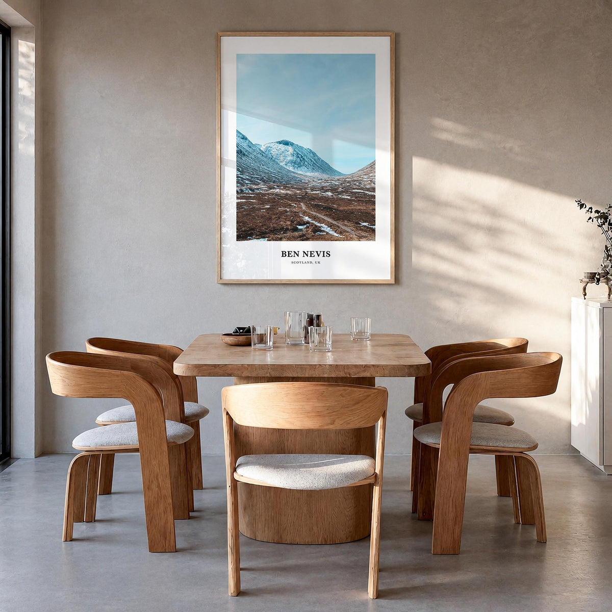 Ben Nevis colorful classic poster of United Kingdom – vertical wall art in natural wood frame, hanging on wall