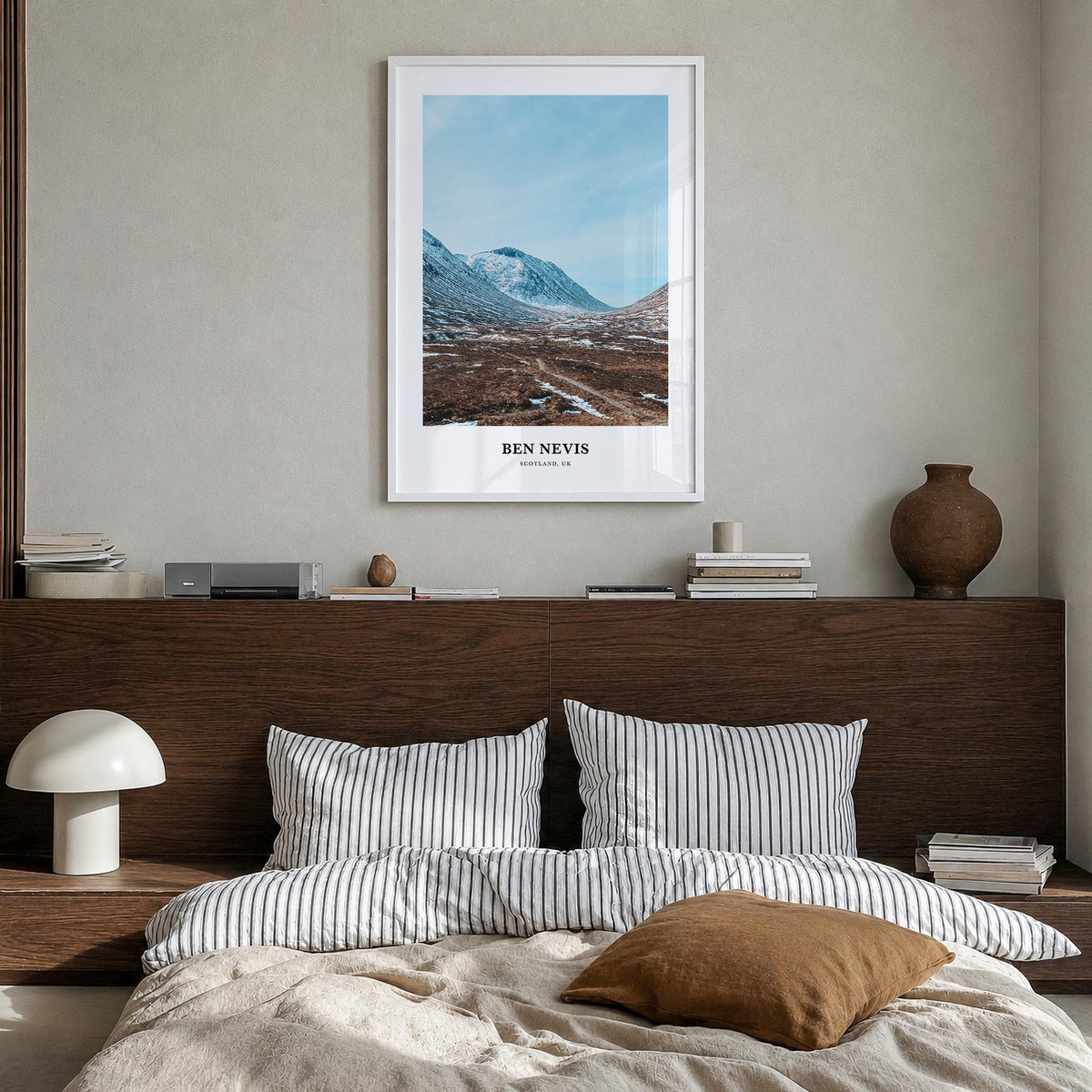 Ben Nevis colorful classic poster of United Kingdom – vertical wall art in white wood frame, hanging on wall