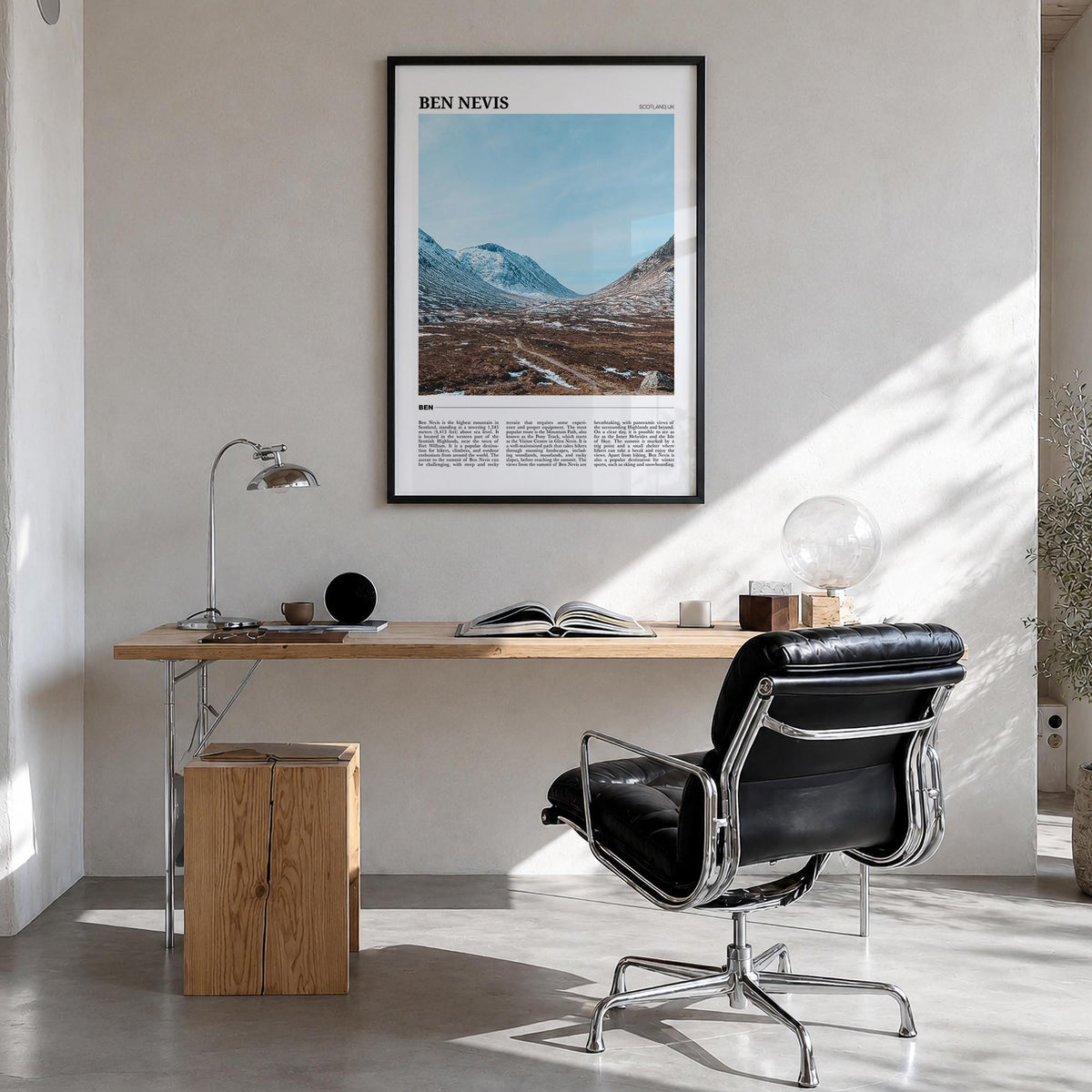Ben Nevis colorful travel poster of United Kingdom – vertical wall art in black wood frame, hanging on wall