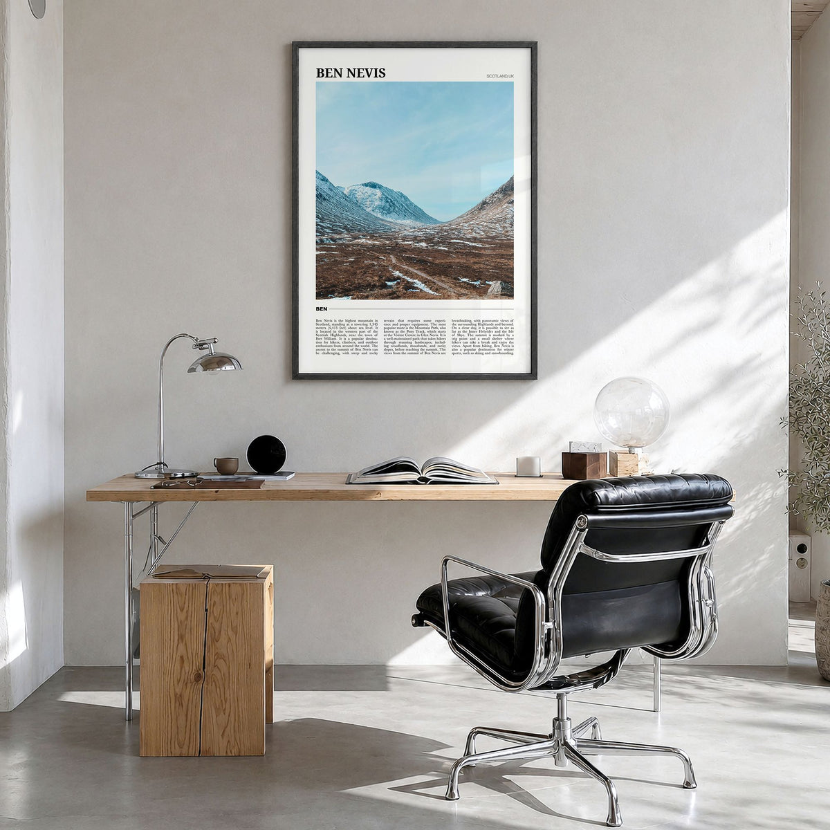 Ben Nevis Travel Poster in a black wood frame, hanging in a bright home office