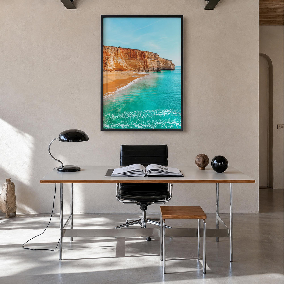 Benagil Beach colorful photo poster of Portugal – vertical wall art in black wood frame, hanging on wall