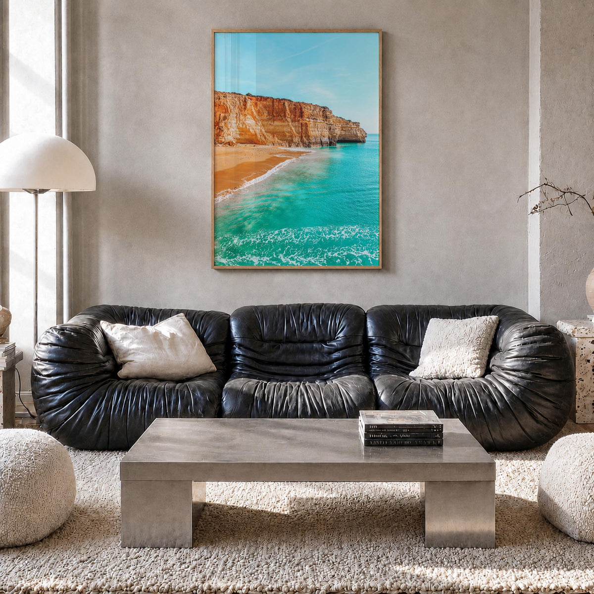 Benagil Beach colorful photo poster of Portugal – vertical wall art in natural wood frame, hanging on wall