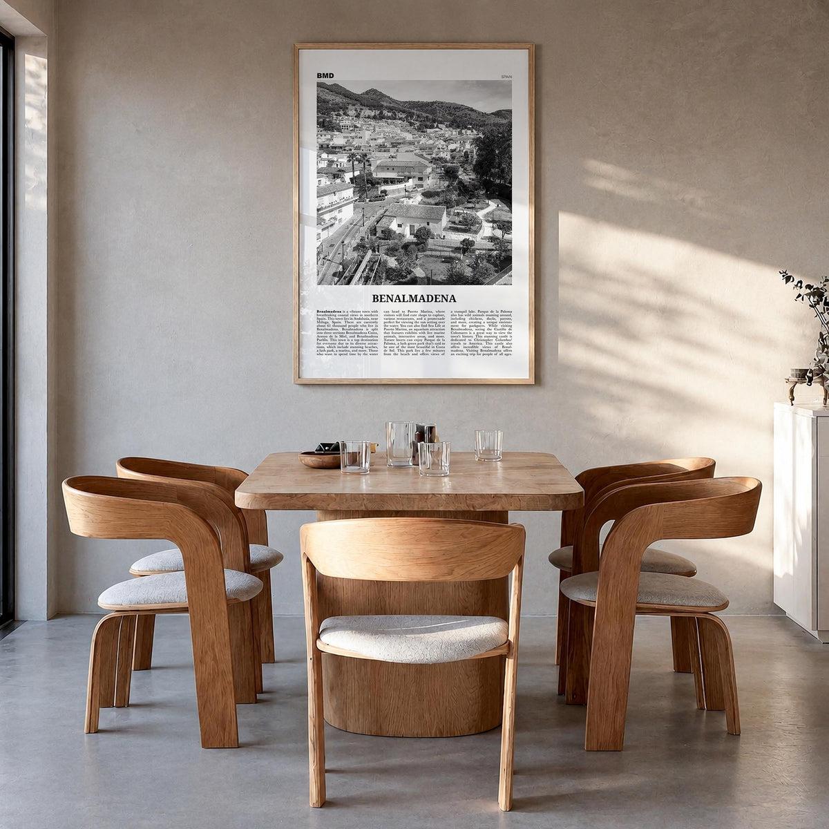 Benalmádena black & white newspaper poster of Spain – vertical wall art in natural wood frame, hanging on wall