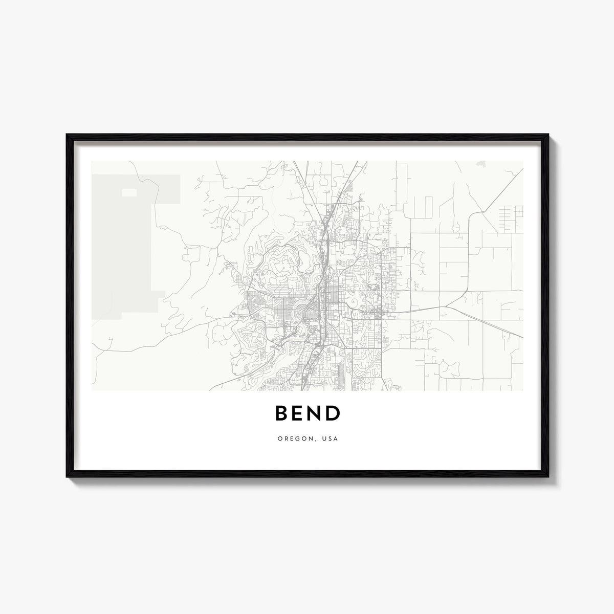 Bend black & white map poster of Oregon, USA – horizontal wall art, unframed print shown in interior mockup