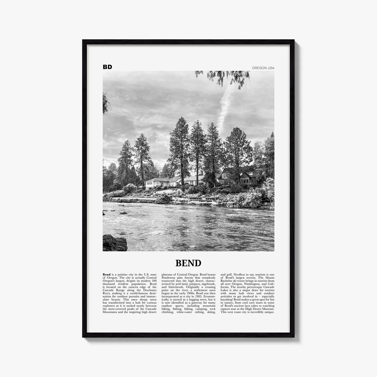 Bend black & white newspaper poster of Oregon, USA – vertical wall art, unframed print shown in interior mockup