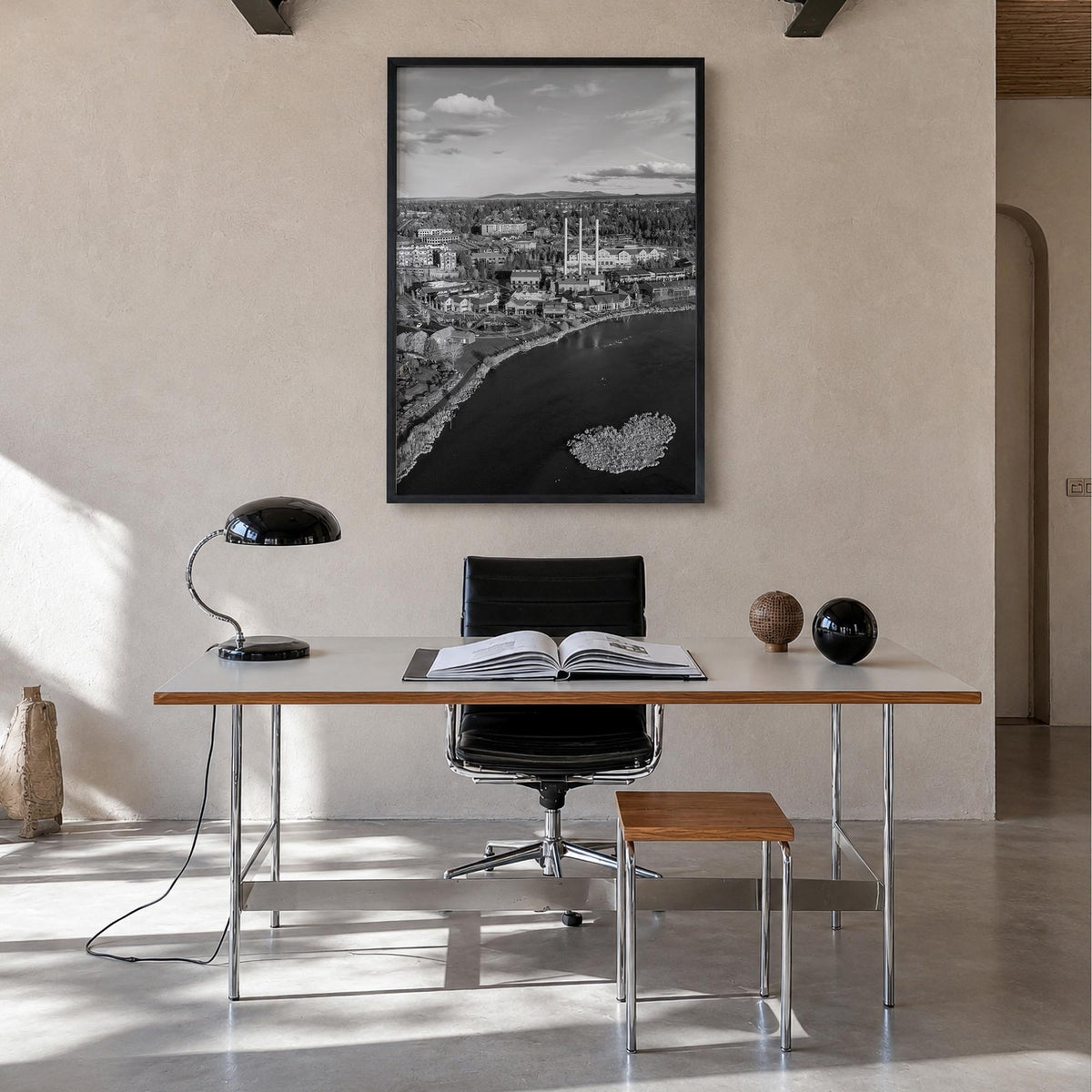 Bend black & white photo poster of Oregon, USA – vertical wall art in black wood frame, hanging on wall