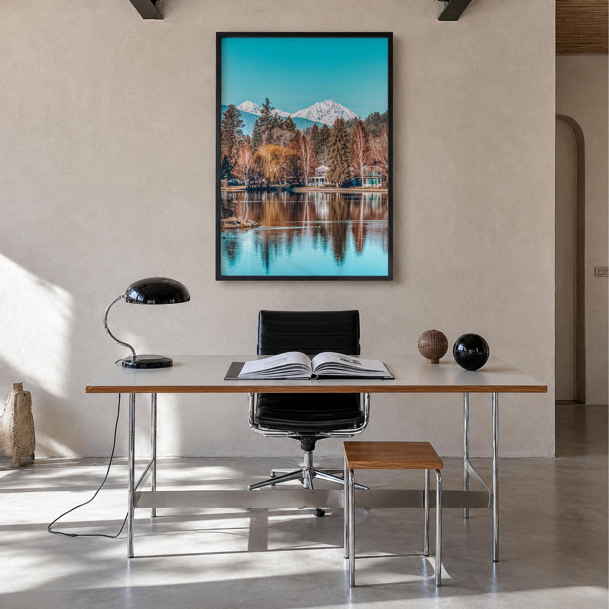 Bend colorful photo poster of Oregon, USA – vertical wall art in black wood frame, hanging on wall