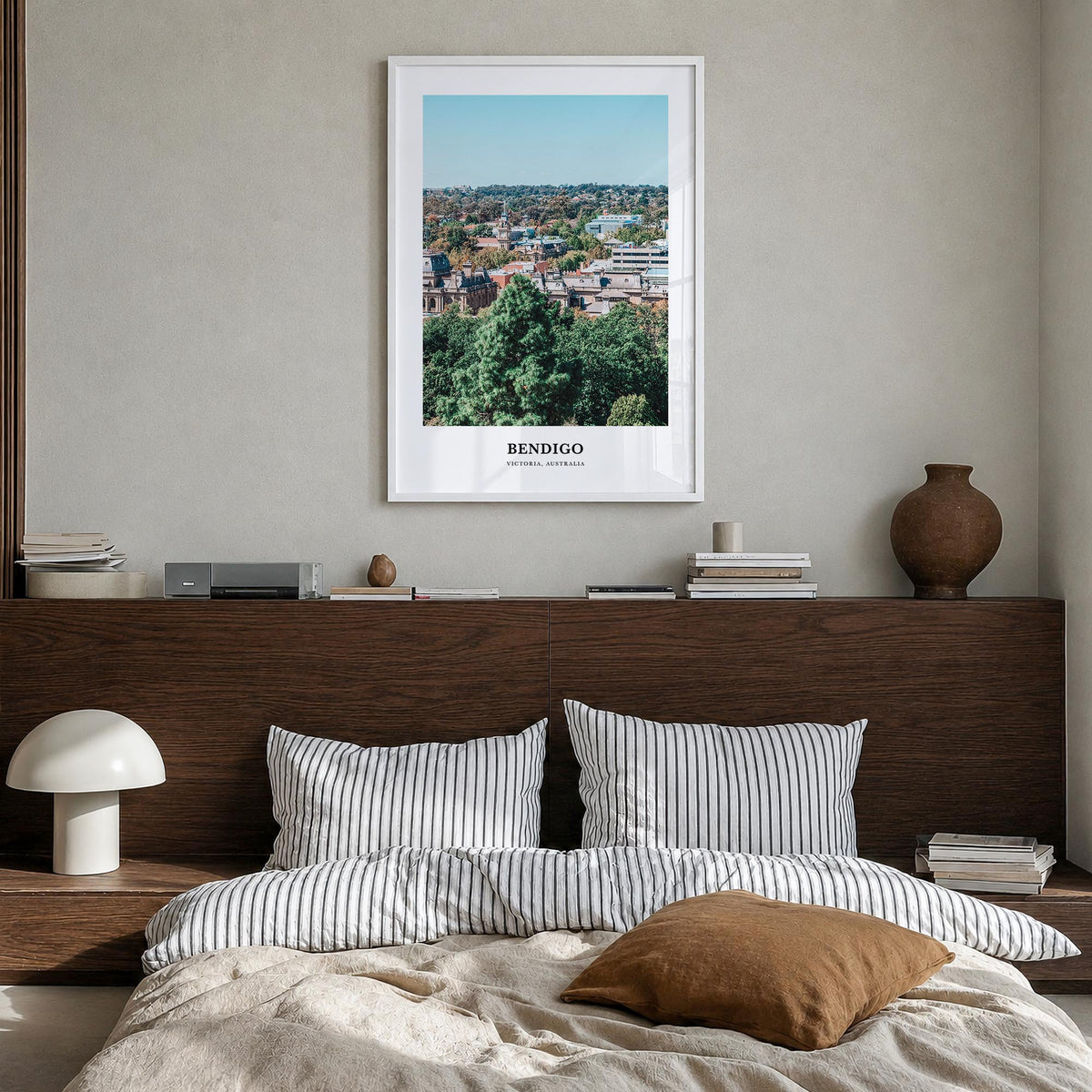 Bendigo colorful classic poster of Australia – vertical wall art in white wood frame, hanging on wall