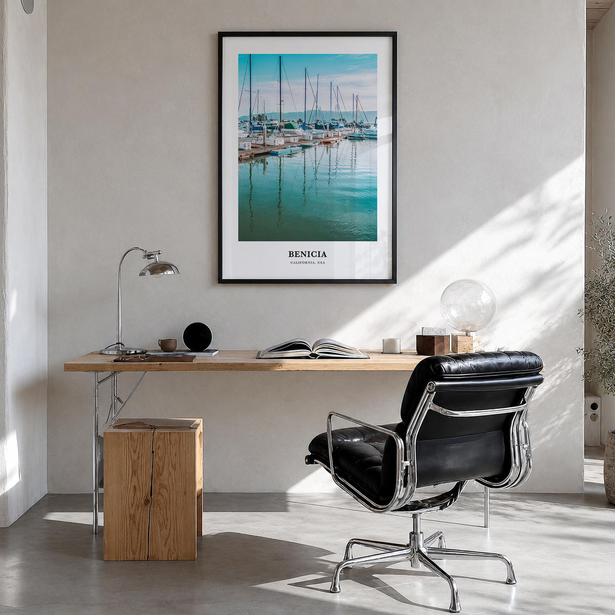 Benicia colorful classic poster of California, USA – vertical wall art in black wood frame, hanging on wall