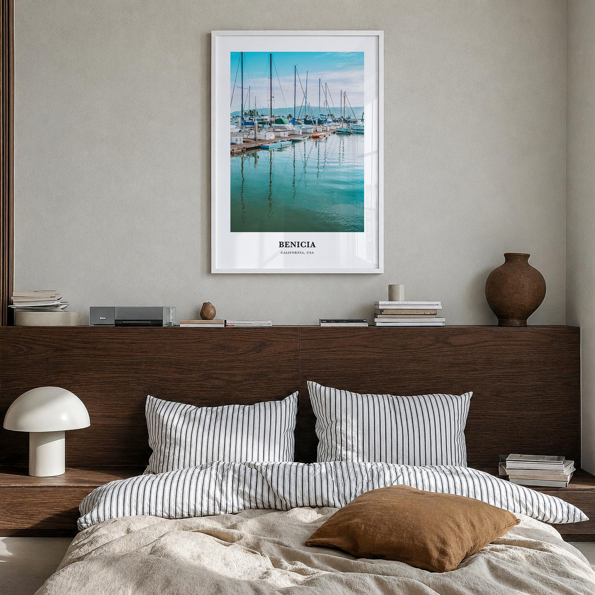 Benicia colorful classic poster of California, USA – vertical wall art in white wood frame, hanging on wall