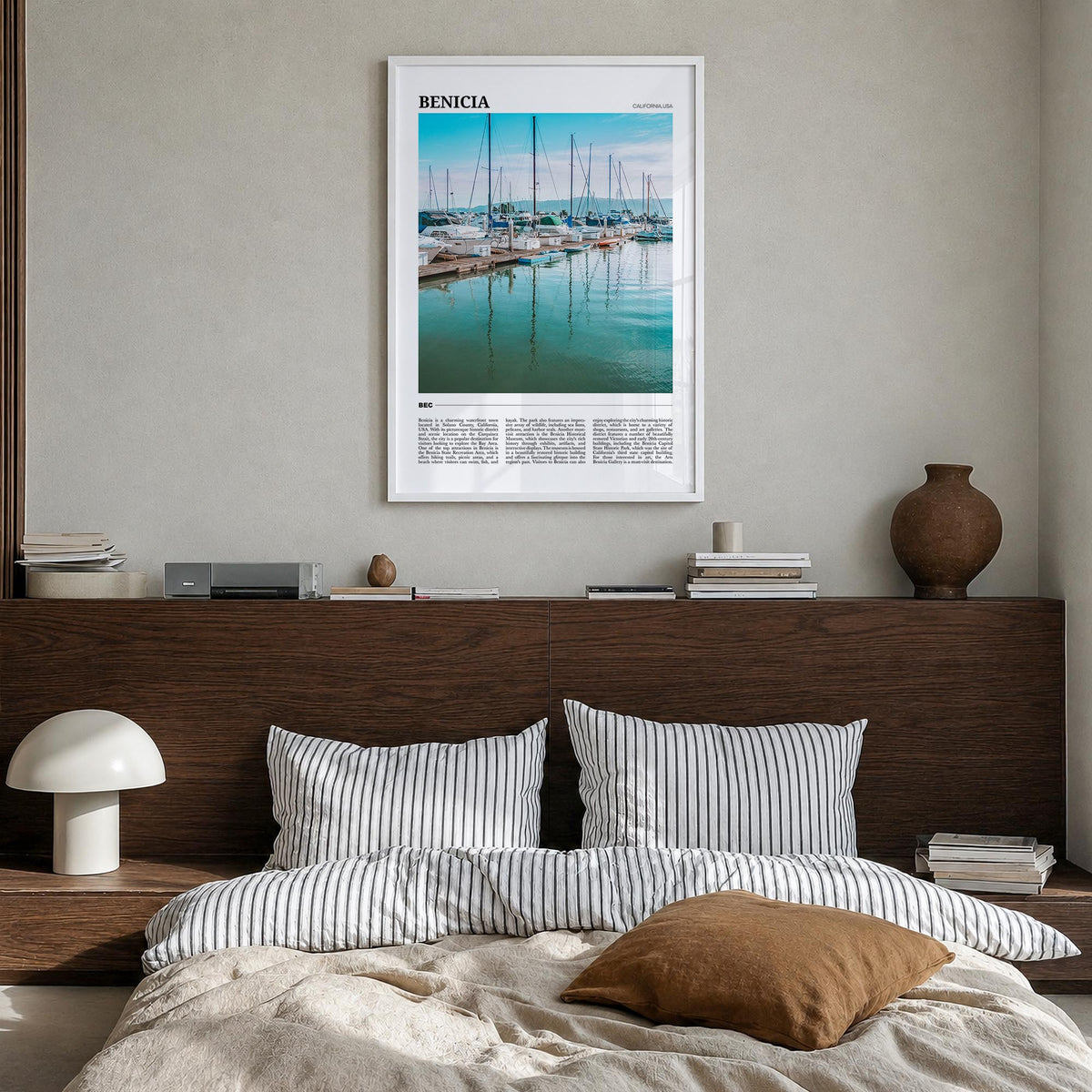 Benicia colorful travel poster of California, USA – vertical wall art in white wood frame, hanging on wall